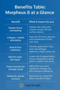How Often Can I have Morpheus 8? 3 Table showing the benefits of Morpheus 8 treatment from Lipo Sculpt Reigate